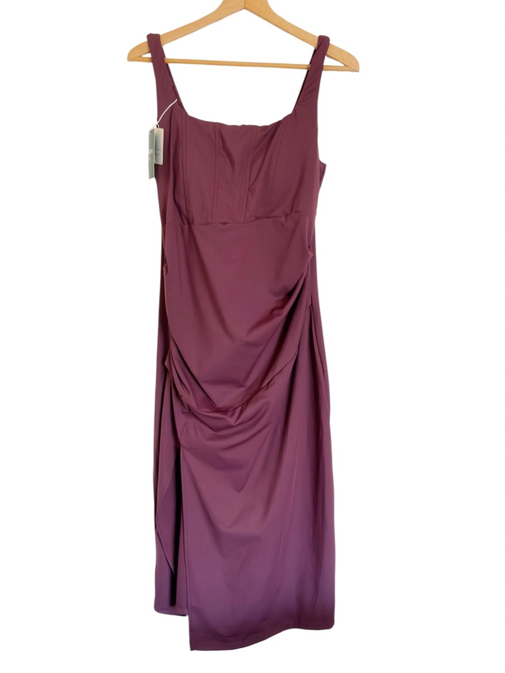 Halara SoftlyZero Airy Square Neck Corset Ruched Fig Burgundy Midi Dress sz L